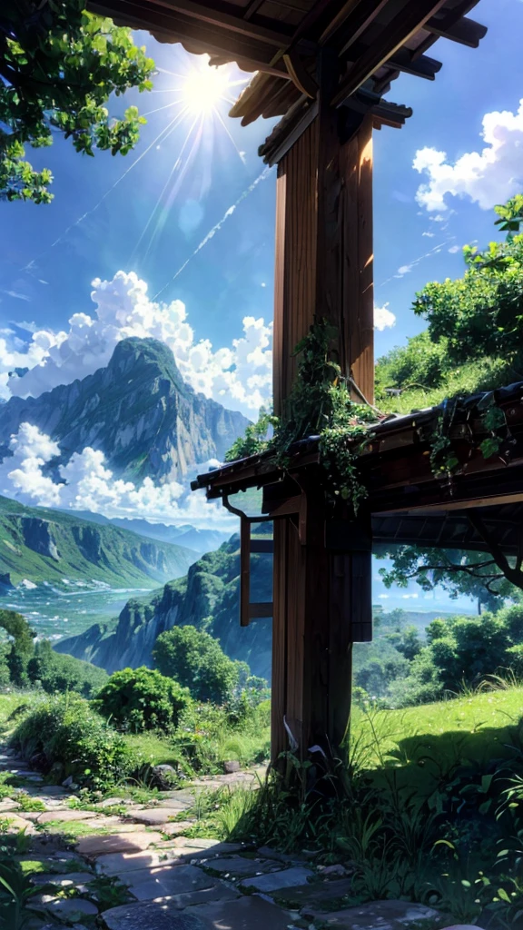Imagine a serene side view of a lush green mountain. The top is covered in vibrant greenery, while the base features a rich, expansive green area. The sky is adorned with beautiful, soft clouds, and the warm glow of the sun illuminates the scene, casting a tranquil and aesthetic light across the landscape.