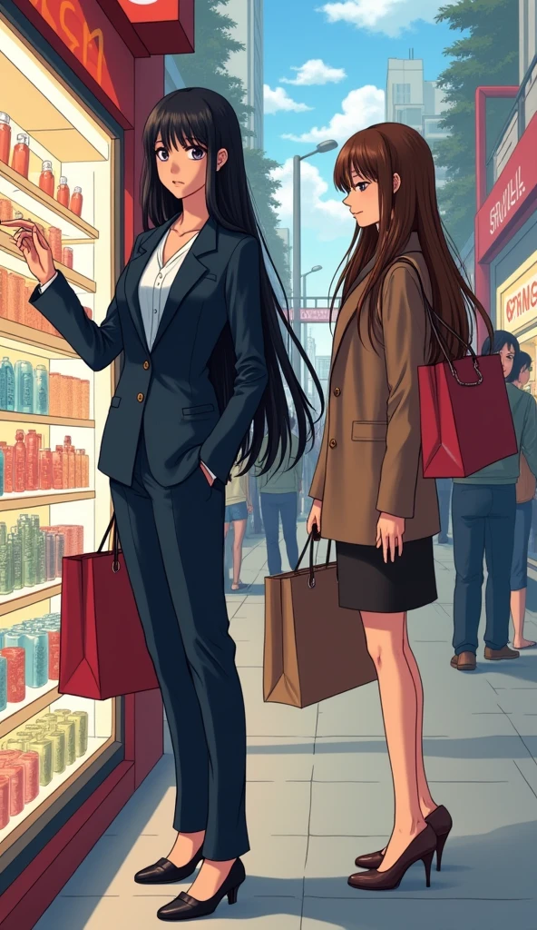 ((A woman with long hair)),Standing on the side of the street,Black Hair,Ladies suits,((Cold expression)),Japanese comic style,Choosing cosmetics in a shopping mall,Shopping。Another woman with long brown hair is next to her,两人手上都提着很多Shopping袋