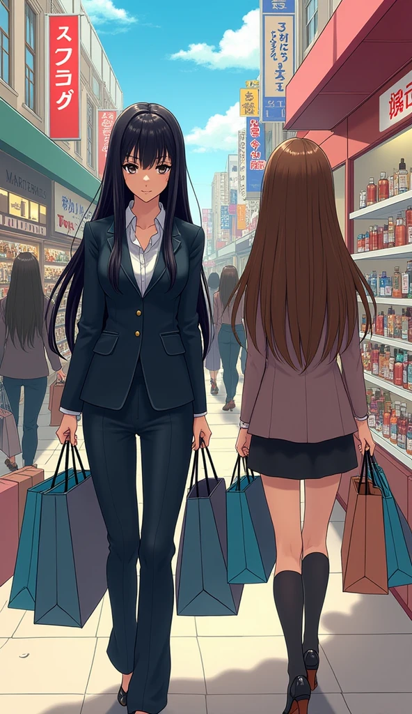 ((A woman with long hair))，Standing on the side of the street，Black Hair，Ladies suits，((Cold expression))，Japanese comic style，Choosing cosmetics in a shopping mall，Shopping。Another woman with long brown hair is next to her，两人手上都提着很多Shopping袋
