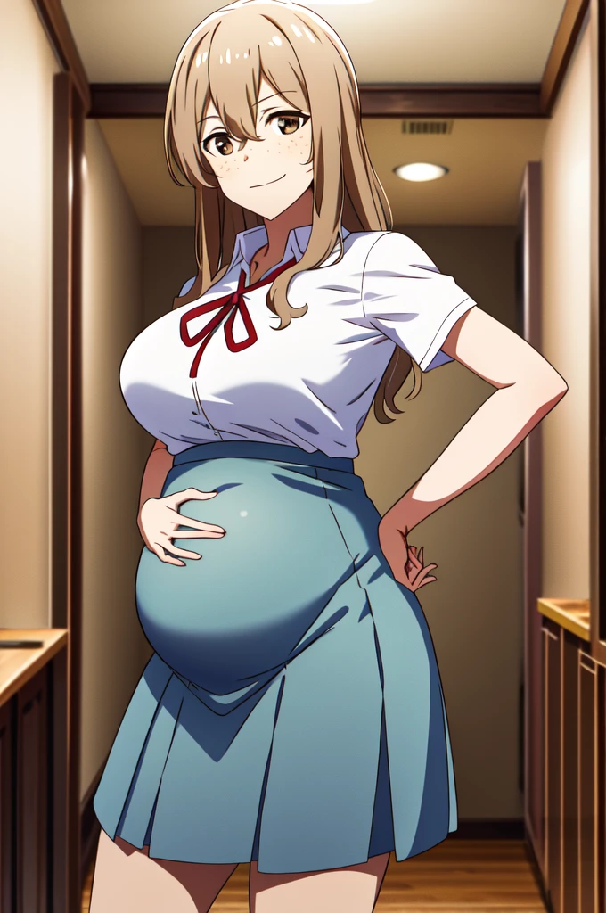 masterpiece, best quality, highres, aoki1, brown eyes, freckles, skirt, white shirt, ribbon, cowboy shot, standing, pregnant belly, pregnant, posing