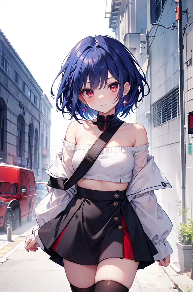 {{masterpiece}}, The best quality of life, 、((short indigo hair、Deep blue hair)Braided Hair) 、 Cute female, 、One woman、(((Crimson Eyes、Red eyes、Red eyes)))、Expressionless adult woman、((White background))、small but well-shaped breasts,、(((White off-shoulder tops、Black tight mini skirt、Black knee-high socks)))、smile、smile、Small earrings