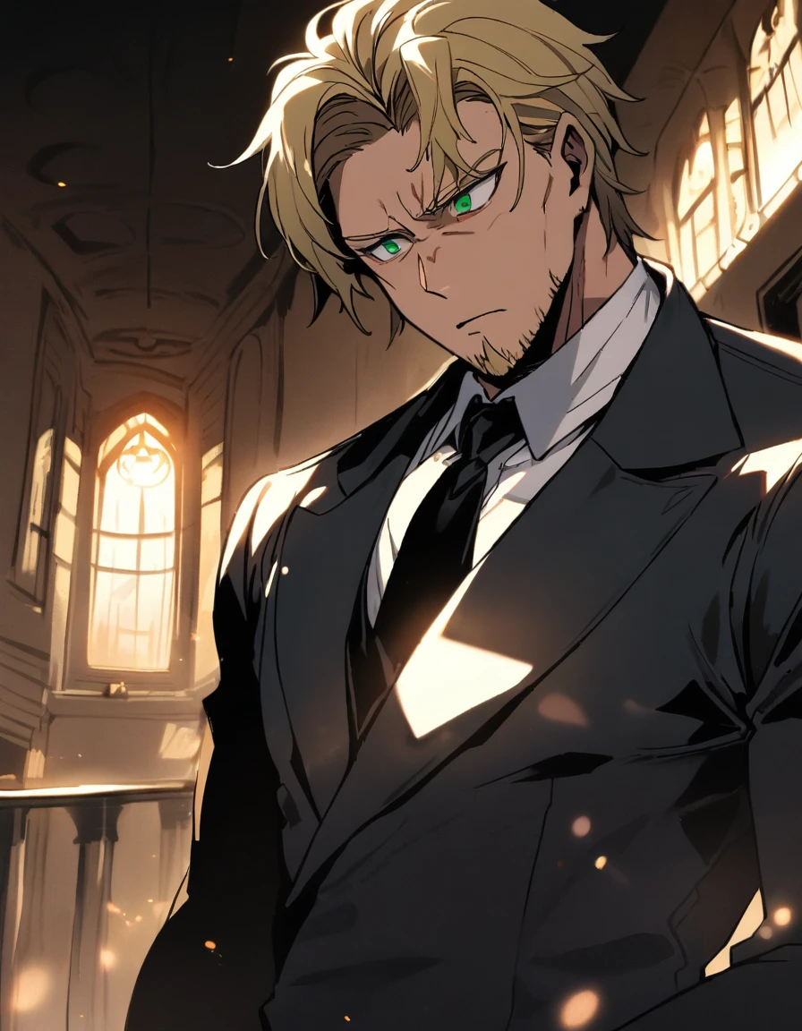 1man, man in black, vigorous mature, business hair with short asymmetrical bangs, goatee without mustache, green platina blond hair, emerald eyes, BREAK 40yo, charming caucasian, slightly long chiseled face, deep set, angular jaw, facial wrinkles, crewcut, BREAK ideal ratio body proportions, toned muscular, beautiful detailed eyes, dark hero, best eyes, BREAK solo, funeral black suit, black necktie, white shirt, at wall street, detailed background, gloom, cool expression, natural standing, looking away, BREAK upperlegs, dramatic expression, in korean illustration style, masculine comic art, 2010s, retro visual novel, in persona style, dutch angle, cinematic shadows, cinematic lighting, lens flare, light leaks, texture, absurdres absolutely resolution, extreme all detailed, greatest painting, BREAK masterpiece, best quality