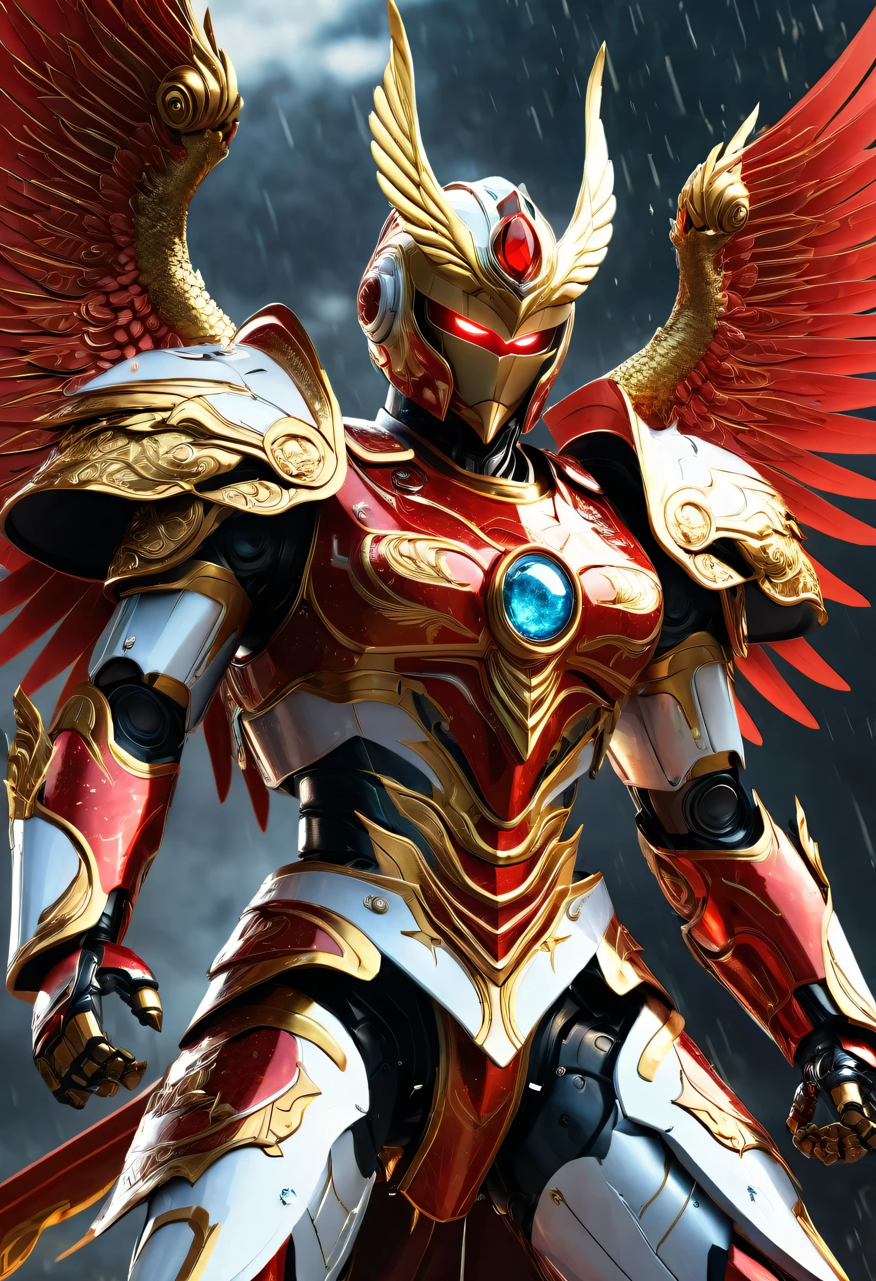 close up of robot with wings on surface, prajurit phoenix, saint seiya unreal engine rendering, phoenix solarpunk, white and red armor, detailed cosmic angel robot, a flying scarlet phoenix, glowing mecha armor, ancient dragon armor yang rumit, ancient dragon armor, intricate white and gold armor, mecha wings, high fantasy kamen rider, god king art ai, Holding the Pancasila Shield in his left hand and a long, ancient, fiery red Keris, perpfect detail. hyper realistic, 4k, ALREADY. ultra detail, Hyper maximalism, fantasy, Badass, very detail, lightning and rain,