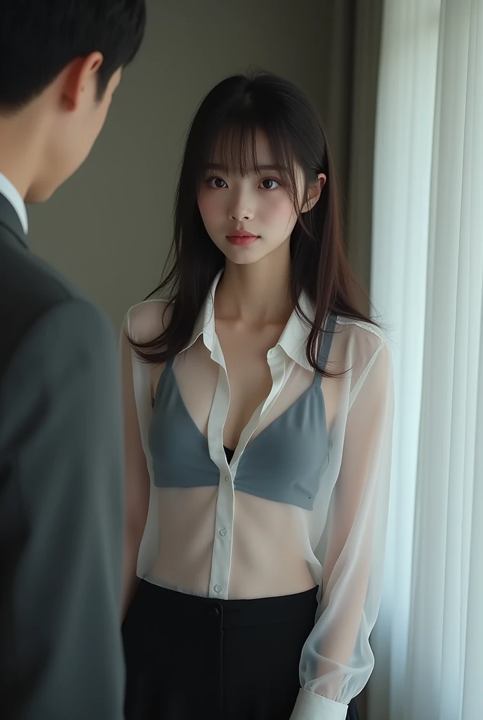 Beautiful Japanese female artist, pure white skin, "Maria Ozawa" 23 years old who works as a secretary, standing wearing a transparent shirt with a low cleavage, so a black bra and wearing a short skirt, her face is clearly scared and detailed. While being hugged by her boss while watching her . Original photo. 8K HD.