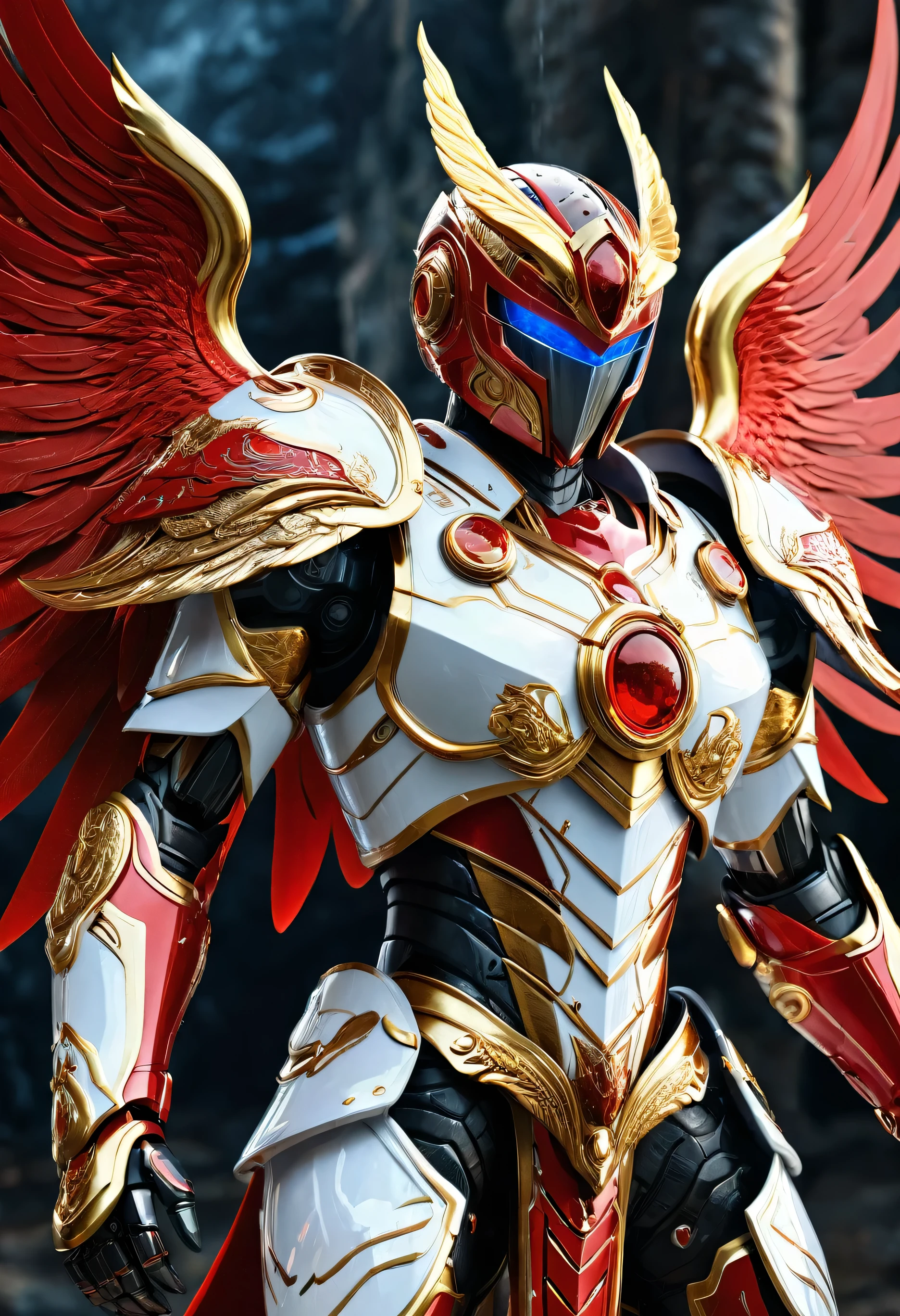 close up of robot with wings on surface, prajurit phoenix, saint seiya unreal engine rendering, phoenix solarpunk, white and red armor, detailed cosmic angel robot, a flying scarlet phoenix, glowing mecha armor, ancient dragon armor yang rumit, ancient dragon armor, intricate white and gold armor, mecha wings, high fantasy kamen rider, god king art ai, Holding the Pancasila Shield in his left hand and a long, ancient, fiery red Keris, perpfect detail. hyper realistic, 4k, ALREADY. ultra detail, Hyper maximalism, fantasy, Badass, very detail, lightning and rain,