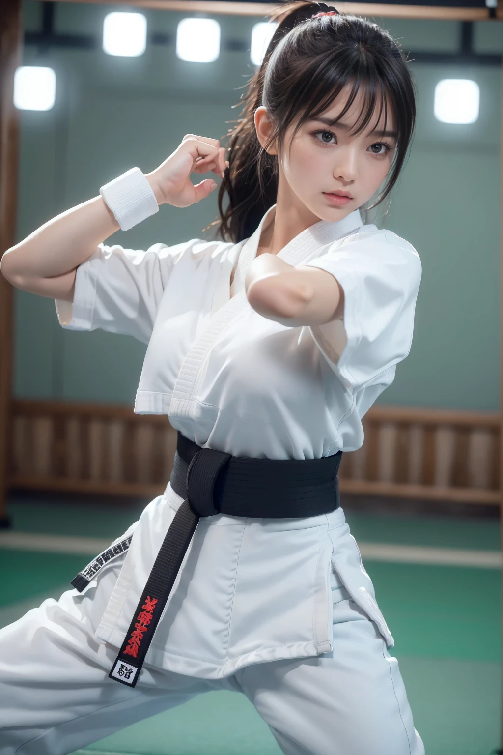 (I can see a sporty bra)、(((sexy Karate clothes, black belt)))、nsfw vibrator,girl trembling with sexual climaxFemale karateka with bangs and ponytail、Visible navel and lower chest、shiny skin、((shy face))、((Turn your face away))、((look sideways))、((face is flushed))、(Watery eye)、cry、(((Karate Dojo)))、((delicate pictures))，(Masterpiece detailed RAW photos:1.25), (highest quality:1.6), (Super high resolution:1.5), (realistic:1.75), 8K resolution, Canon EOS R5, 50mm, absurd, super detailed,cinematic lighting、((Sporty panties are visible))、(((The pants are taken off)))、