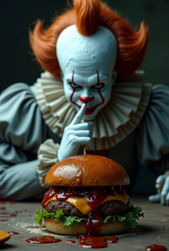 The character Pennywise is behind a table with a burger staring at him, in a dark and colorless place, with low contrast, leaving the clown and the hamburger very evident. Create a more realistic one Make the burger more obvious Put barbecue sauce on the burger The clown has his index finger stretched out in front of his mouth making a gesture of silence with his lips pursed, 
eyes are wide 
