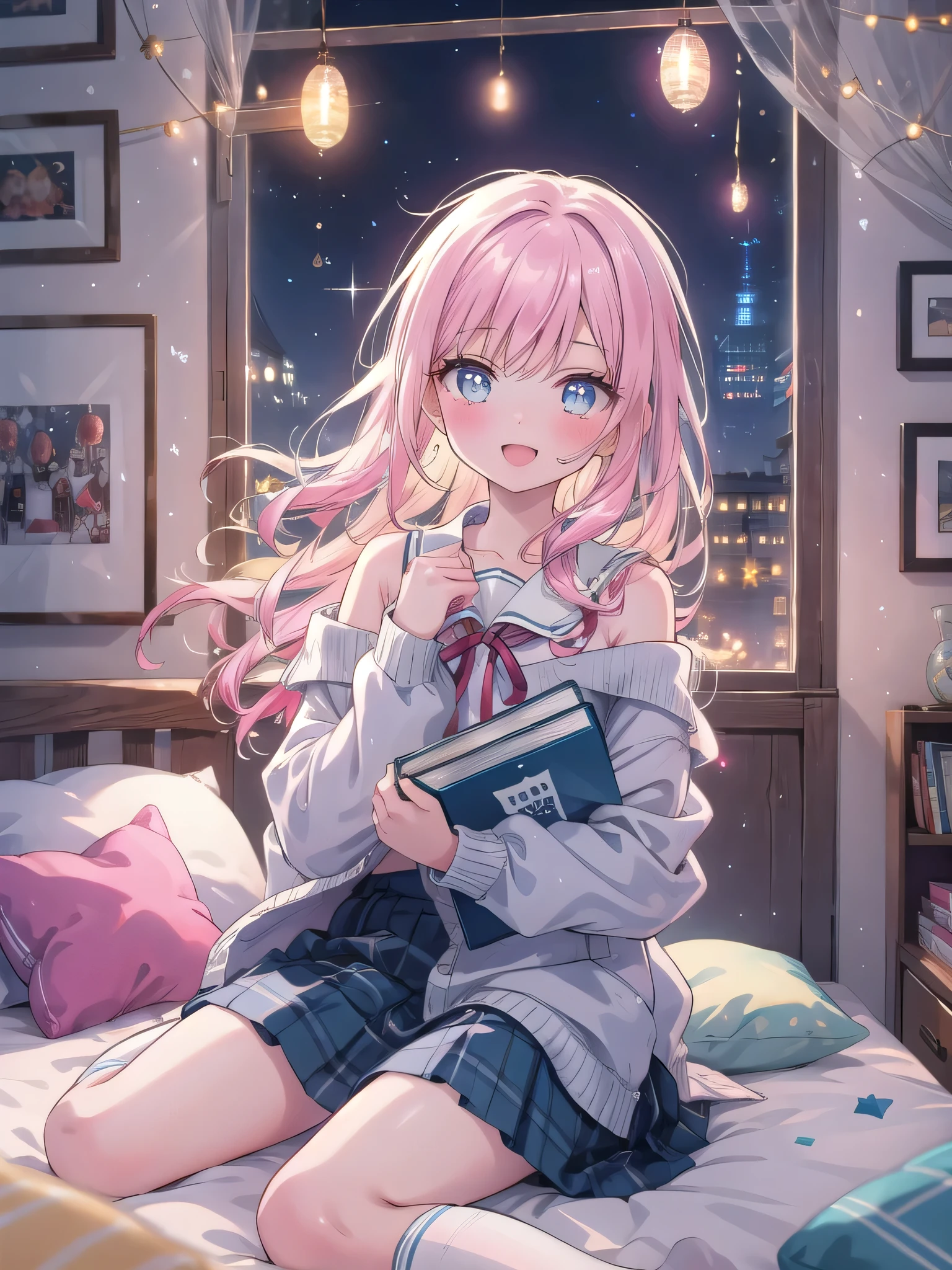 ((8k, Highest quality, masterpiece: 1.3)),Ultra-high resolution,(1 girl, alone), (Color changing eyes, Ultra-detailed, Expressive brilliance, Glitter, Glowing Eyes), Highly detailed eyes, Highly detailed face, Random Hair, ((pastel colour)),A cheerful young woman with shoulder-length pastel pink hair, styled in loose waves, sitting cross-legged on her bed in her cozy dorm room. The room is softly lit by warm, string lights hanging above her bed, creating a relaxed evening atmosphere. She is dressed in a classic schoolgirl cosplay, wearing a pleated navy-blue skirt, a white blouse with a red ribbon, and knee-high socks. Her bed is covered with fluffy pillows and a soft, pastel-colored blanket. The camera captures her from a slightly elevated angle, focusing on her as she holds up a manga book, her eyes sparkling with excitement. Around her, there are various anime posters on the walls, and a small collection of plushies neatly arranged on a shelf by her desk, adding to the room's cute and personal vibe.(nsfw:1.1)