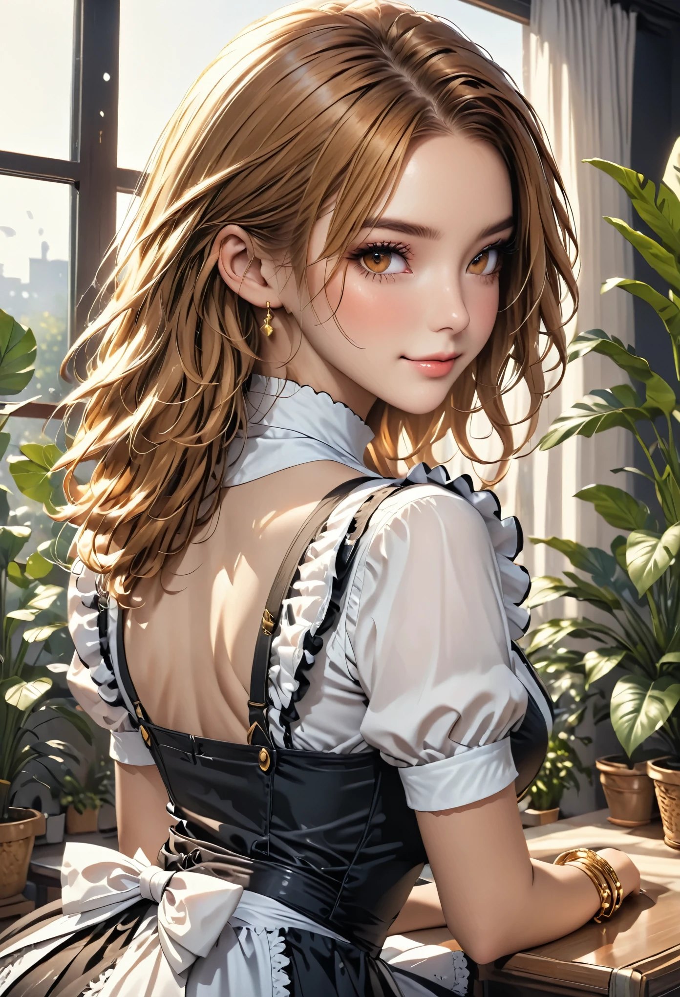 (young woman:1.5), (sexy maid outfit, black high heels, golden bracelet), long brown hair, brown eyes, (cheeky smilie), detailed skin texture, (realistic skin pores, skin impurities:1.0), (bend over, looking back over shoulder:1.3), 24k resolution, highly detailed, (natural front light:0.5), (full body shot:1.3), (realistic style:1.5), modern livingroom with large window and deco plants