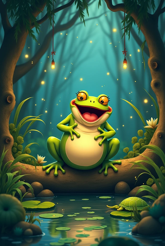 Fat frog singing at a swamp party. 

