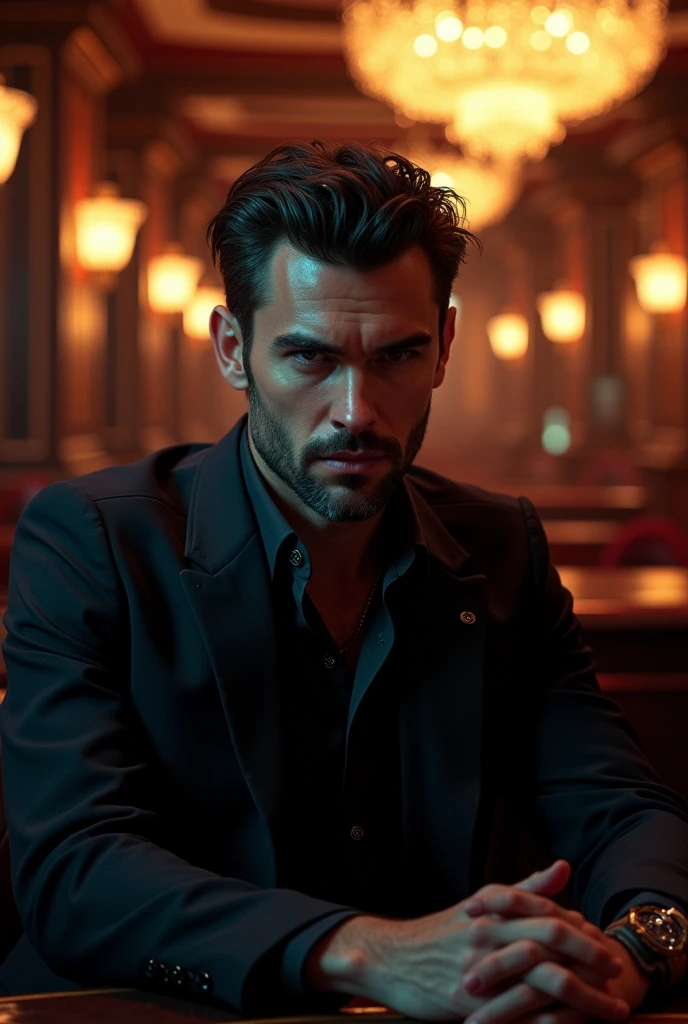 A young man of 30 years old with a serious, slightly malevolent look that shows power, sitting in a dark casino