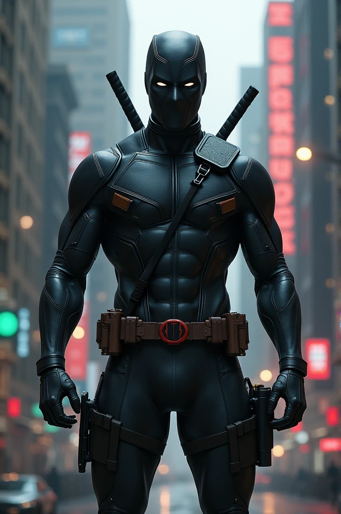 Un superheroe con traje negro similar a la Deadpool 