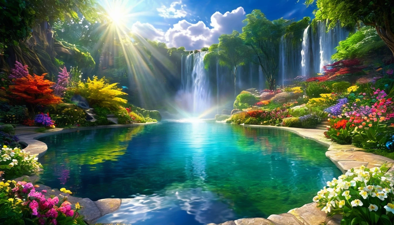 Golden, enchanting, glorious baptism,Baptism,Garden of Eden,Colorful,Dreamy landscape, cloud, light piercing through the cloud, Reflection on the surface of the water, Gentle waterfall,flower々, flower ,Quiet atmosphere, Richness in details, Surreal beauty, Magical Aura, Fantasy Landscape, High quality digital art, Vibrant colors, Fantastic lighting, Enchanting atmosphere, Artistic Expression, Otherworldly feeling, Beautiful brushwork, Magnificent View, Peaceful tranquility, Immersive Experience, Breathtaking views, Picturesque views, Mysterious charm, Mysterious atmosphere, Nuances, A magical dream. There are no people, Nobody is here 32K UHD