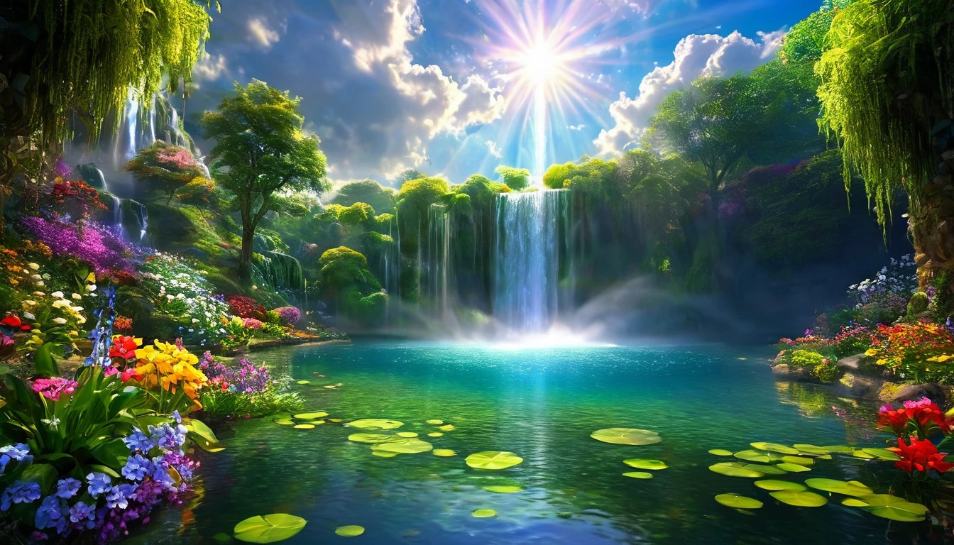 Golden, enchanting, glorious baptism,Baptism,Garden of Eden,Colorful,Dreamy landscape, cloud, light piercing through the cloud, Reflection on the surface of the water, Gentle waterfall,flower々, flower ,Quiet atmosphere, Richness in details, Surreal beauty, Magical Aura, Fantasy Landscape, High quality digital art, Vibrant colors, Fantastic lighting, Enchanting atmosphere, Artistic Expression, Otherworldly feeling, Beautiful brushwork, Magnificent View, Peaceful tranquility, Immersive Experience, Breathtaking views, Picturesque views, Mysterious charm, Mysterious atmosphere, Nuances, A magical dream. There are no people, Nobody is here 32K UHD