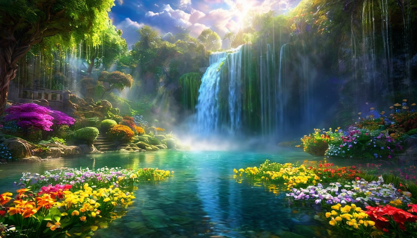 Golden, enchanting, glorious baptism,Baptism,Garden of Eden,Colorful,Dreamy landscape, cloud, light piercing through the cloud, Reflection on the surface of the water, Gentle waterfall,flower々, flower ,Quiet atmosphere, Richness in details, Surreal beauty, Magical Aura, Fantasy Landscape, High quality digital art, Vibrant colors, Fantastic lighting, Enchanting atmosphere, Artistic Expression, Otherworldly feeling, Beautiful brushwork, Magnificent View, Peaceful tranquility, Immersive Experience, Breathtaking views, Picturesque views, Mysterious charm, Mysterious atmosphere, Nuances, A magical dream. There are no people, Nobody is here 32K UHD