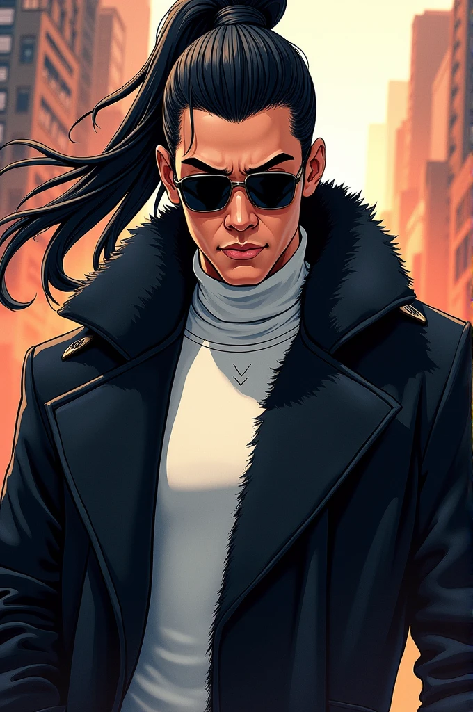 asian man, Marvel Comics style, black eyed, with rectangular lenses, black fur, with a high ponytail, with white turtleneck sweater