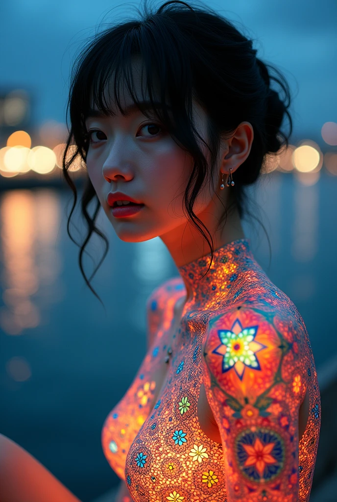 (masterpiece, Highest quality), 8k,(((Very detailed))), Race:1.8, Super intricate Race pattern,　colorful Race pattern,Stained glass transparent body, Mandala,light up,cold, 1 female, Open Back, 18 years old、Japanese, beautiful girl, Intelligent face, Photo of Lee Jae, drinking champagne, sultry body with セクシー belly, Sexy girl, Young sensual elegance, Sexy body, delicious, Sexy look, Very Short Hair、Night viewのきれいな港で撮影、Night view、 Intelligent face、Narrow waist、Large Breasts、drool coming out of the mouth、Smile a little、EOS 50ｍｍ F2, Blur the background、Lighting the face、Sitting、Thighs、Bikiji、