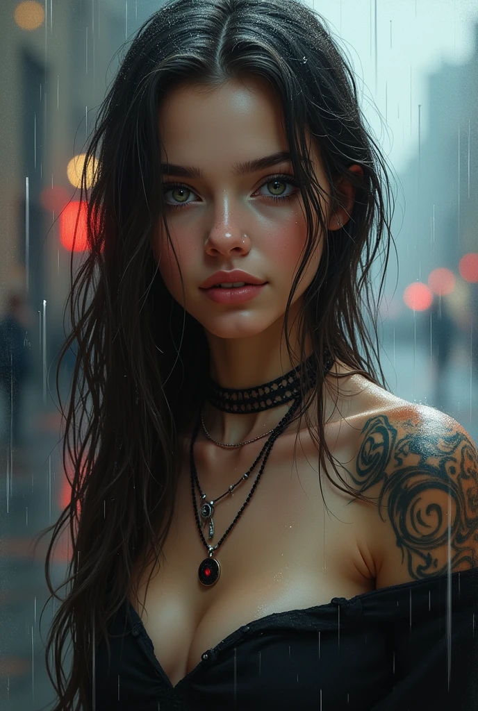 photo realistic, highly detailed cyberpunk style, standing beautiful Scandinavian woman, dreamy face expression, happy, smile, looking at camera, long hair, windy, slender perfect face, perfect oval eyes, slim, elegant, rain, dripping make-up, oil on canvas, epic character composition, sharp focus, evening, global illumination, masterpiece, tattoo, jewelry