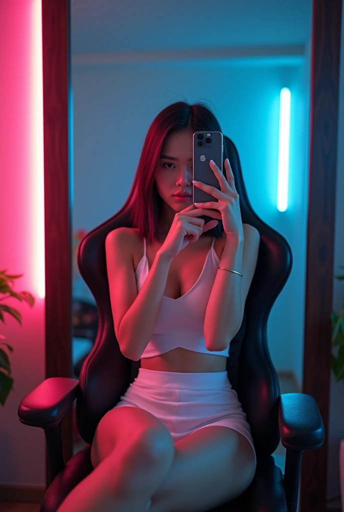 Girl taking a selfie in the mirror in a tight white dress and shorts sitting on a gaming chair with led lights in the room