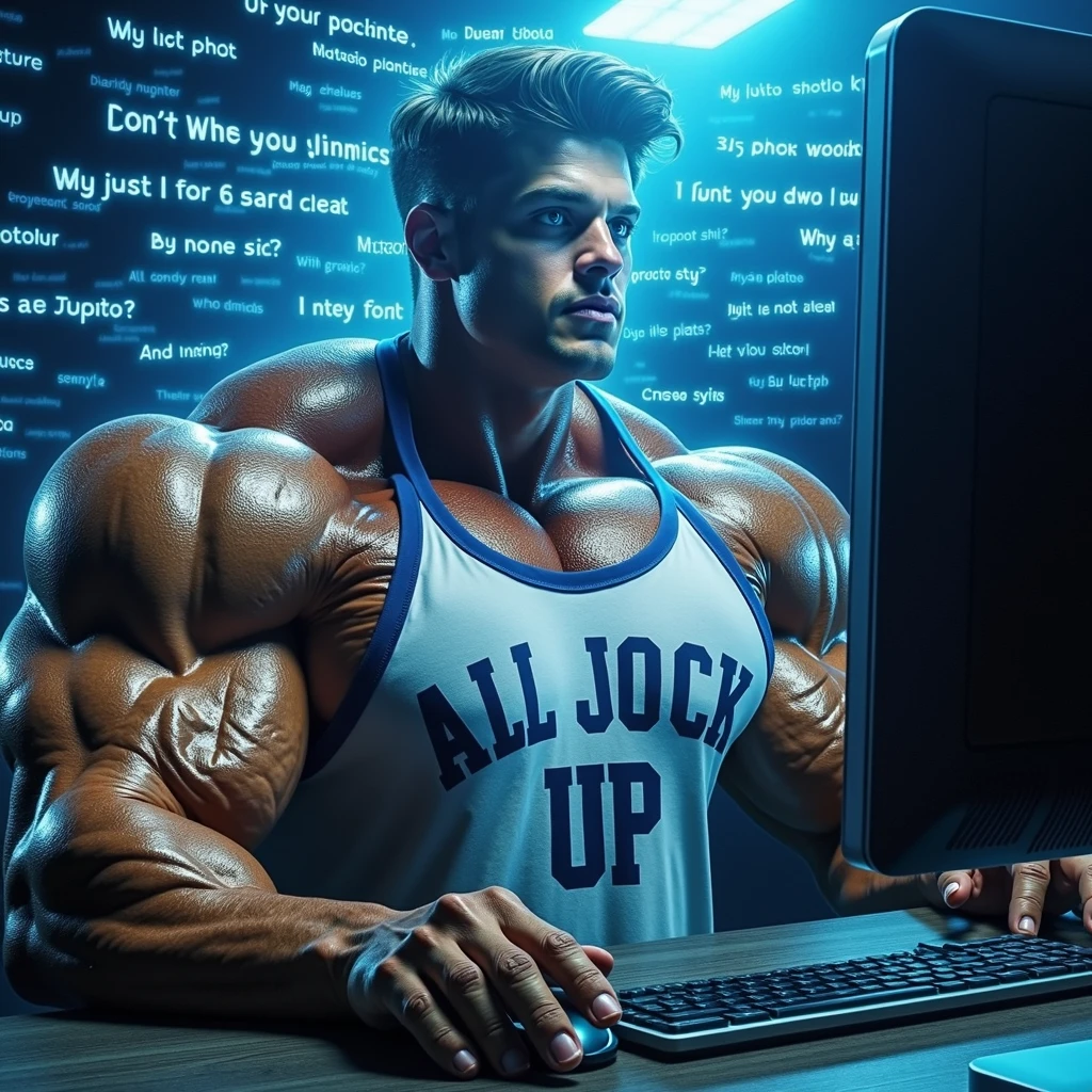A hyper muscular male college student wearing a shirt that says ALL JOCKED UP sits in front of a monitor in a dark computer lab at night staring vapidly over the glowing screen shining light on his face as his mouth hangs open and he is hypnotized and brainwashed to be a big dumb stereotypical bodybuilder football jock. Repeating mantras to meet their goal to be big dumb muscular sweaty bodybuilder bros. Big biceps. Big triceps. Big traps. Broad shoulders. Broad chests. Hyper thick meaty pecs. IQ drain. Hyper bulging crotch. Dumber and dumber. hypnosis. hypnotized. Brainwashing. Brainwashed. mindless. entranced. Enthralled. Meathead. Musclehead. Meatheadosis. Flexing. Digital Painting.