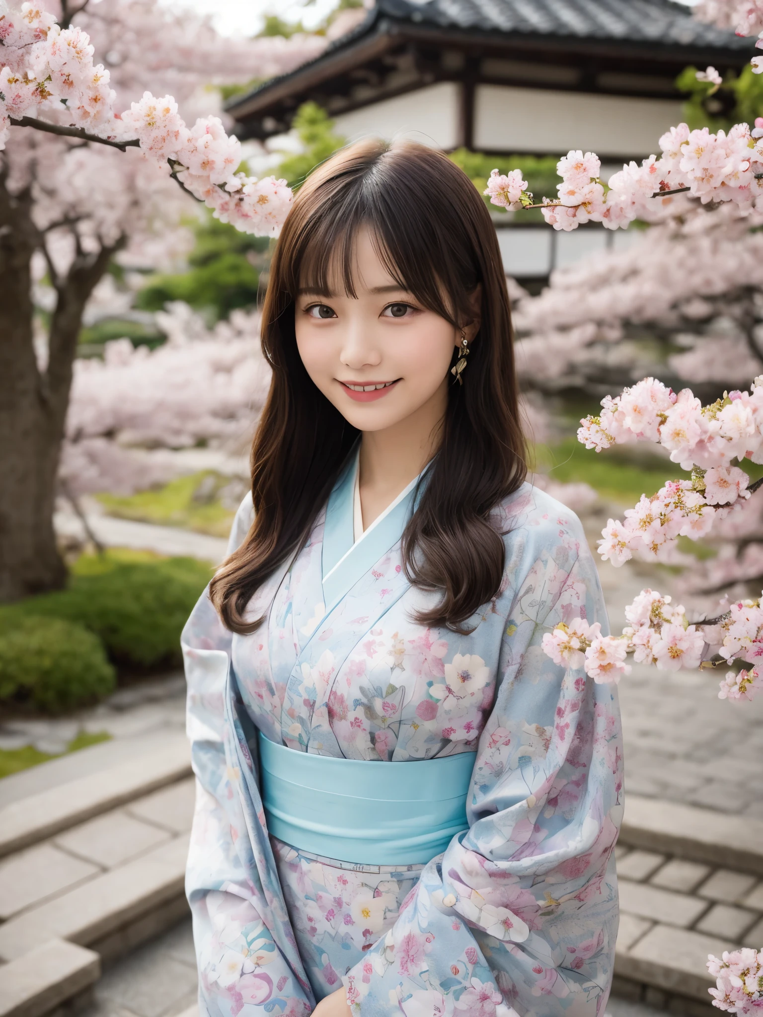 1girl, , cute and beautiful, solo, highres, best_quality, masterpiece, detailed_background, intricate_details, beautiful, kyoto, philosopher's_path, cherry_blossoms, spring, traditional_clothes, kimono, peaceful, smile, looking_at_viewer, dynamic_pose, natural_pose, candid, happy