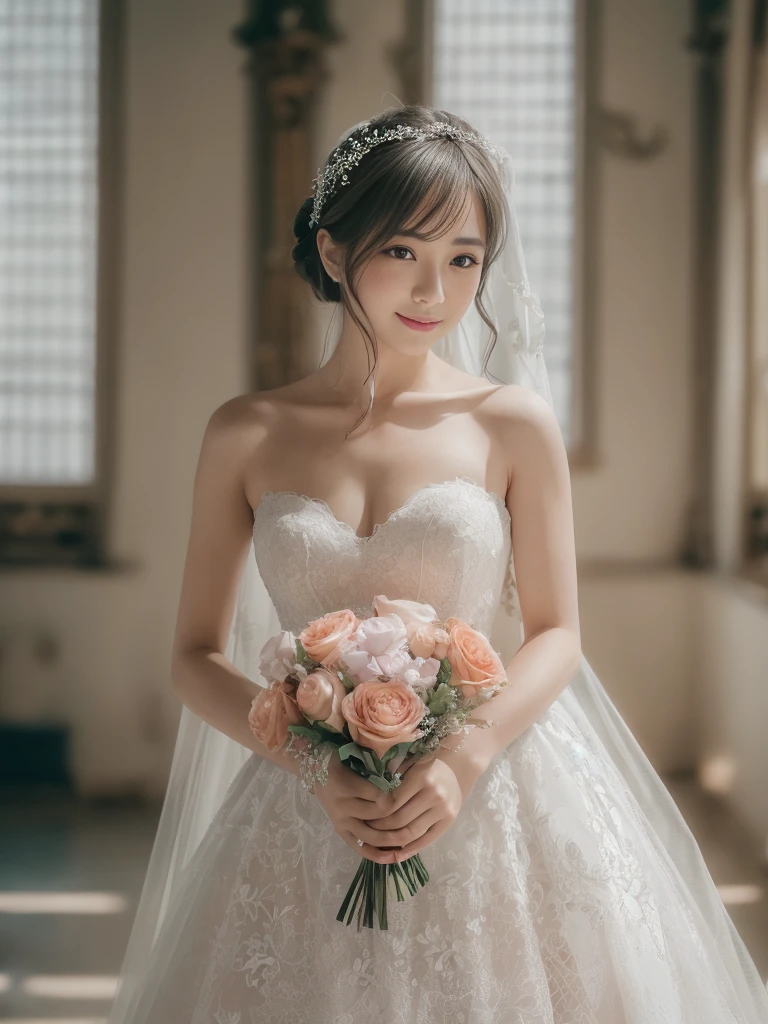 Photo-realistic quality、a woman in a Wedding dress holding a bouquet of flowers、Standing in front of the church、20 year old Japanese model、白のWedding dress,Hanae Mori style wedding dress、Japan idols at 20 years old、lace prom dresses、looking at the camera、Detailed and beautiful eyes、Cute smile、Relaxed and gentle expression、a close up of a woman in a Wedding dress holding a bouquet, Wedding dress, So magical and dreamy、35ｍｍ Lens aperture F2.Shot at 8、Full body photo、From head to toe、A wedding dress that spreads wide enough to cover the toes、Narrow waist