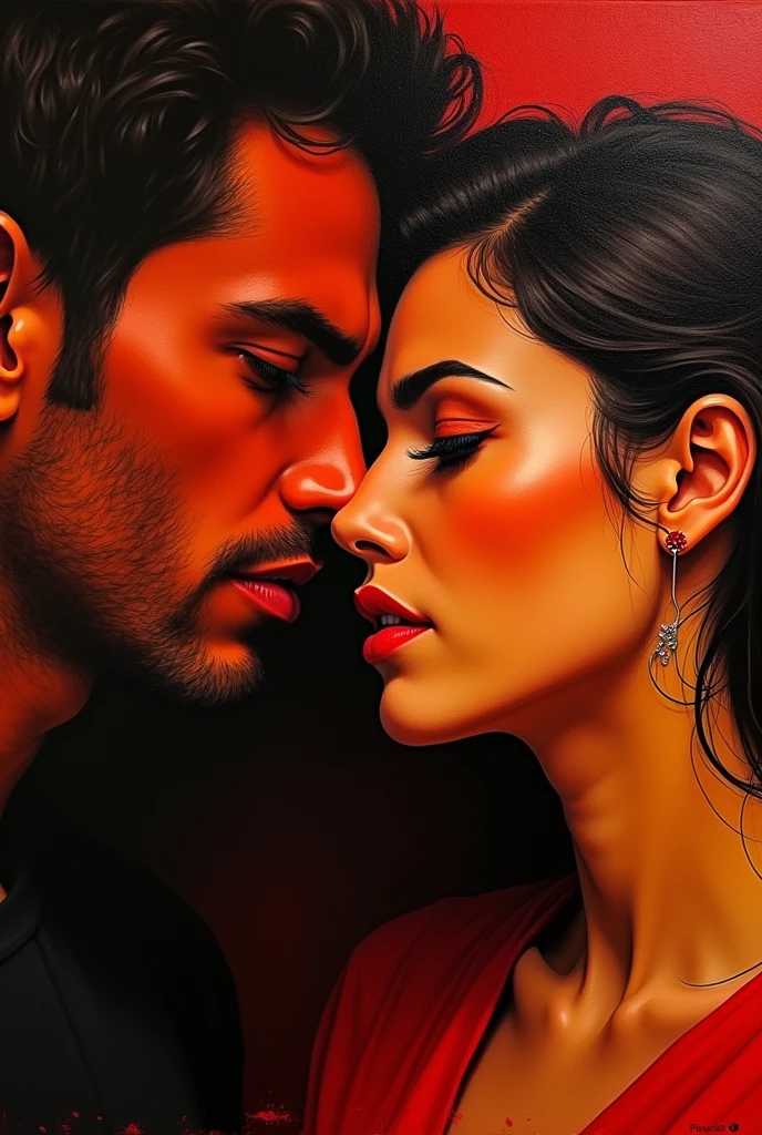Two looks. A red colored one of a man. A woman's other amber. Both full of intensity and desire for each other.