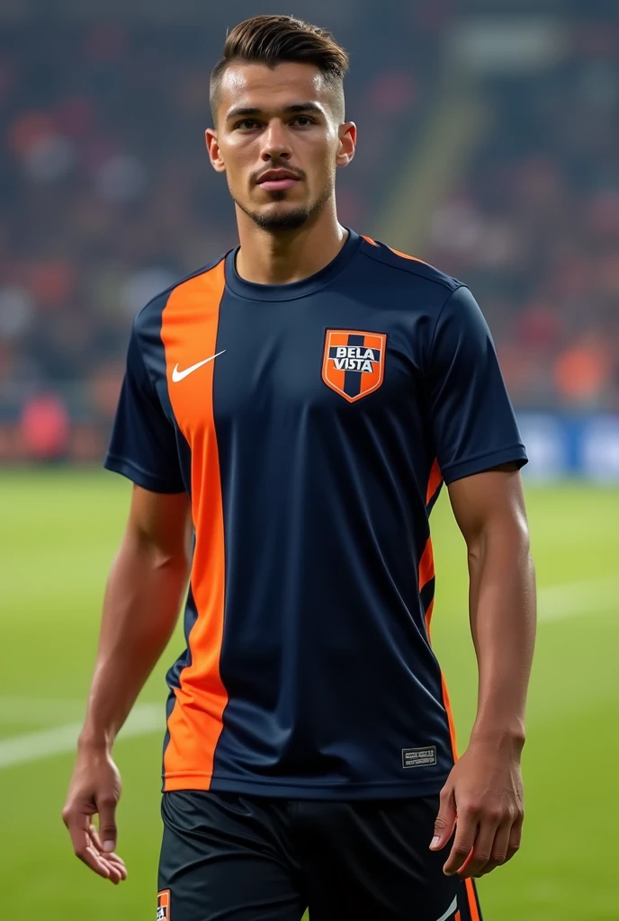 Custom soccer uniform in dark blue primary color, with orange vertical stripes and black shorts, with a shield on the left side of the chest with the words bela vista written on it 