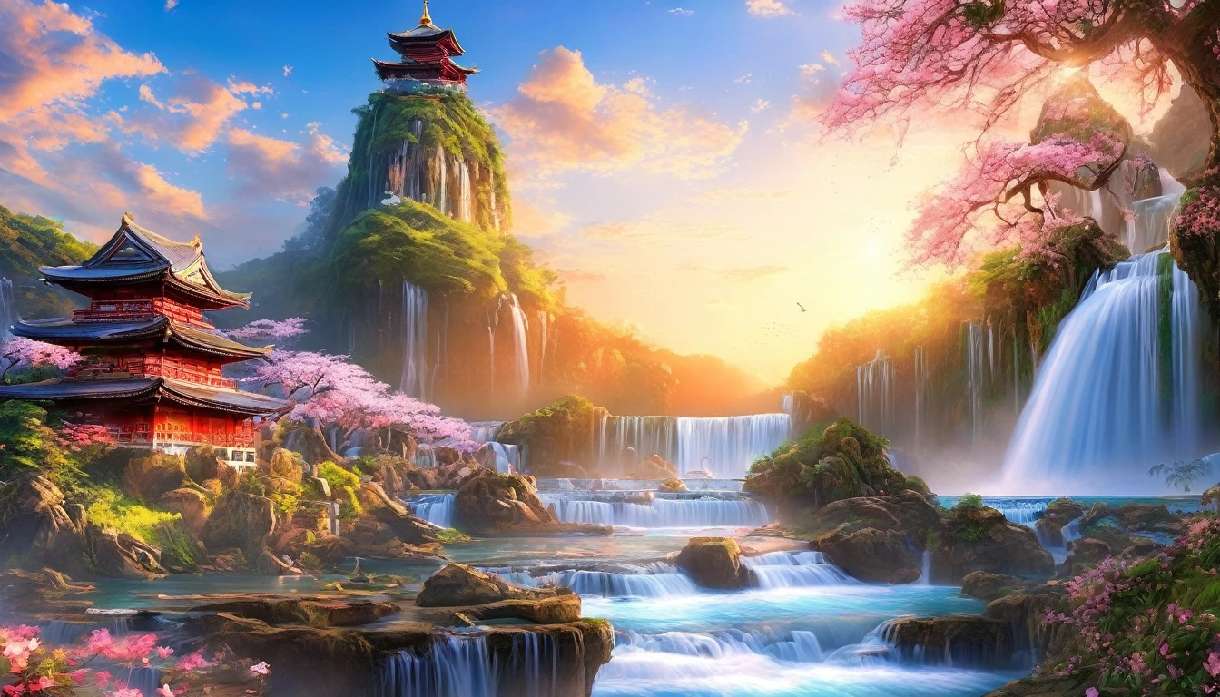 backgroundสไตล์จีน, backgroundภูเขานิกายเซียนอมตะ, Eternal Light, Slightly elevated view, ((background:1.8))
(best quality,masterpiece, complicated,Very detailed,Practical,RAW photos,8K Ultra HD,Ultra-high resolution,photoPractical style,Movie Scenes, Clear focus,la lueur de,Very detailed CG ユニティ壁紙) ,Seam,Tower and waterfall,sunrise,