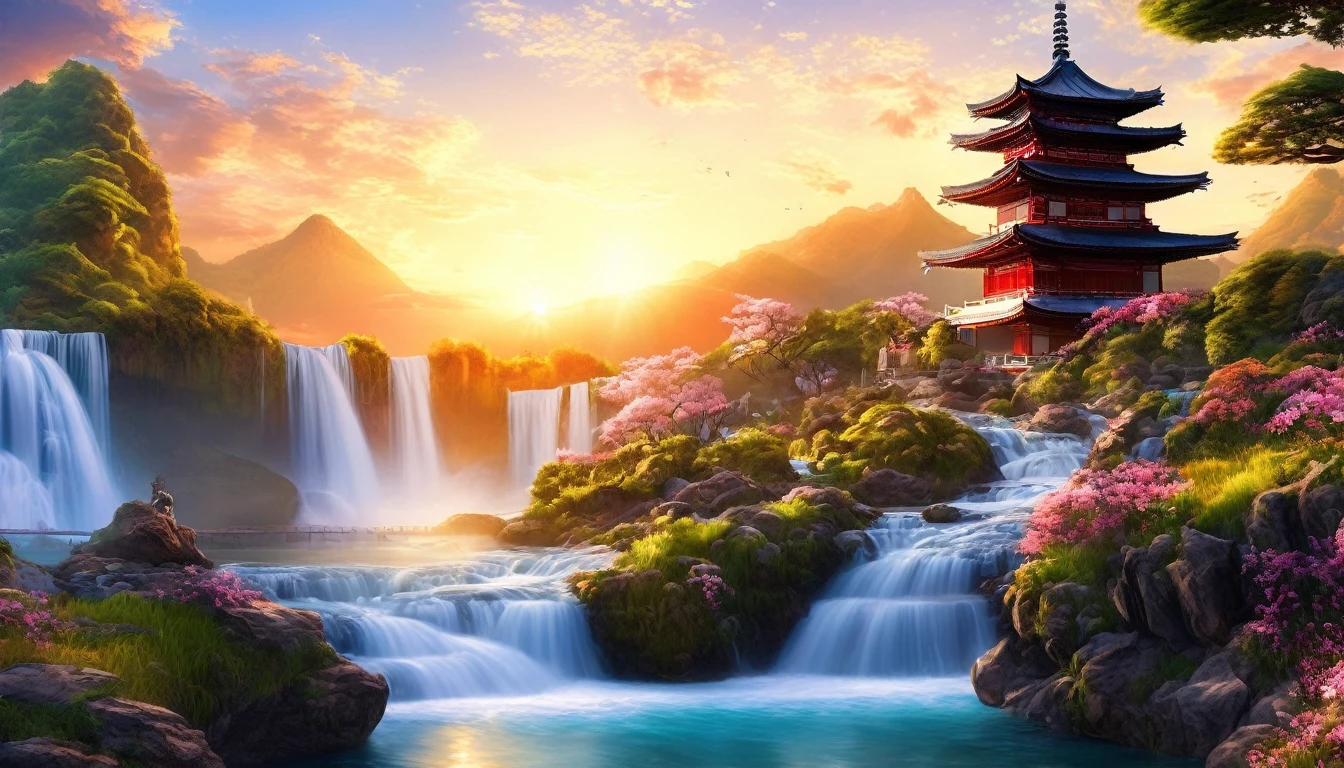 backgroundสไตล์จีน, backgroundภูเขานิกายเซียนอมตะ, Eternal Light, Slightly elevated view, ((background:1.8))
(best quality,masterpiece, complicated,Very detailed,Practical,RAW photos,8K Ultra HD,Ultra-high resolution,photoPractical style,Movie Scenes, Clear focus,la lueur de,Very detailed CG ユニティ壁紙) ,Seam,Tower and waterfall,sunrise,