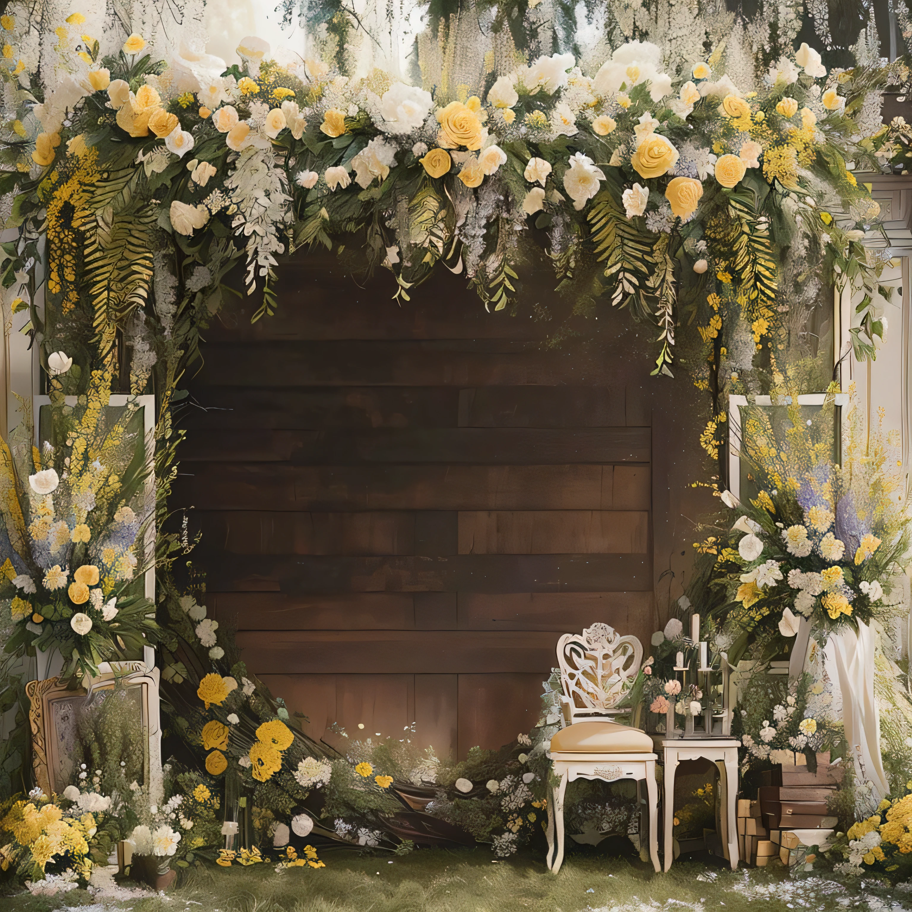 There is a huge wooden heart,surrounded by flowers and greenery, stunning arcanum background, forest background, floral painted background, ornate background, rustic, ornate and intricate background, portrait photo of a background, Flowers in the background, background, romantic greenery, The background is heavenly, surrounded by yellow flowers, DIY, rustic setting, Floral frame, baroque style painting background