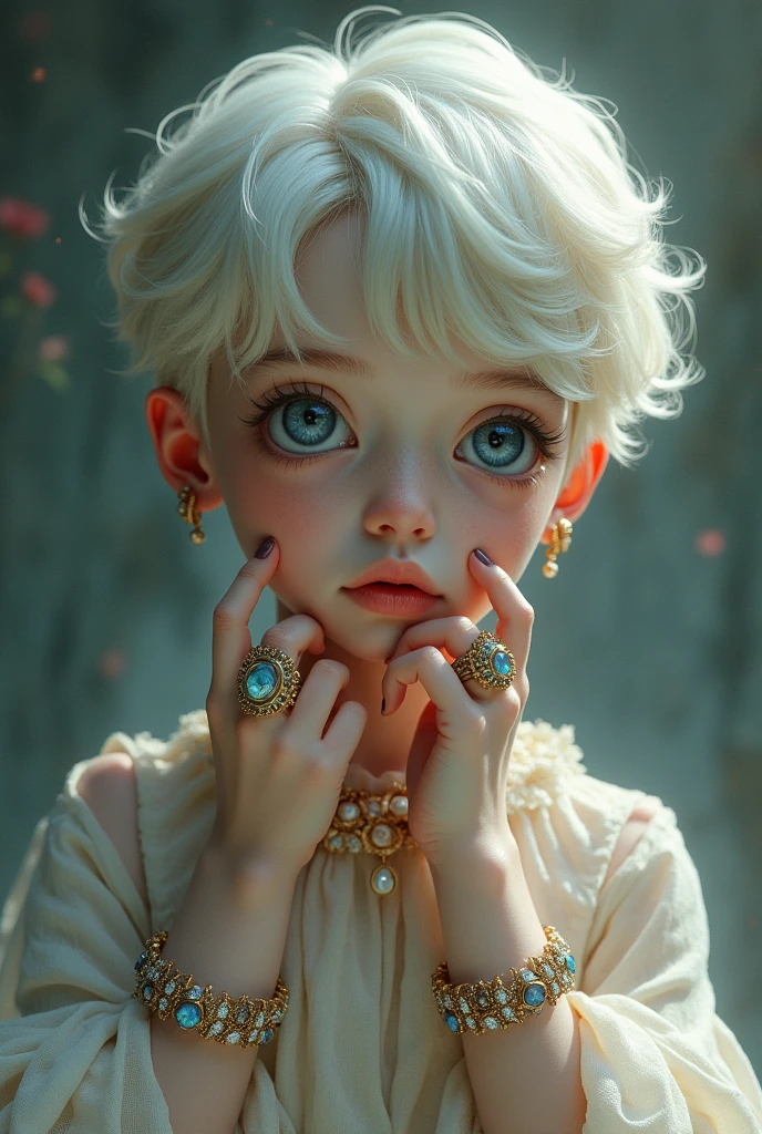 Short ager, approximately one meter and 60 centimeters, hair with hairstyle type "book", blue eyes, light skin tone, elongated nose and rings with precious stones on each finger of his hand