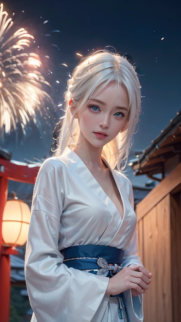 ((8k,Realistic,Beautiful single woman,White Gold Hair,Blue Eyes,Summer Nights in Japan,))Fantastic Fireworks at Miyajima,Traditional Japan yukata,The theme color is red,Angle from below