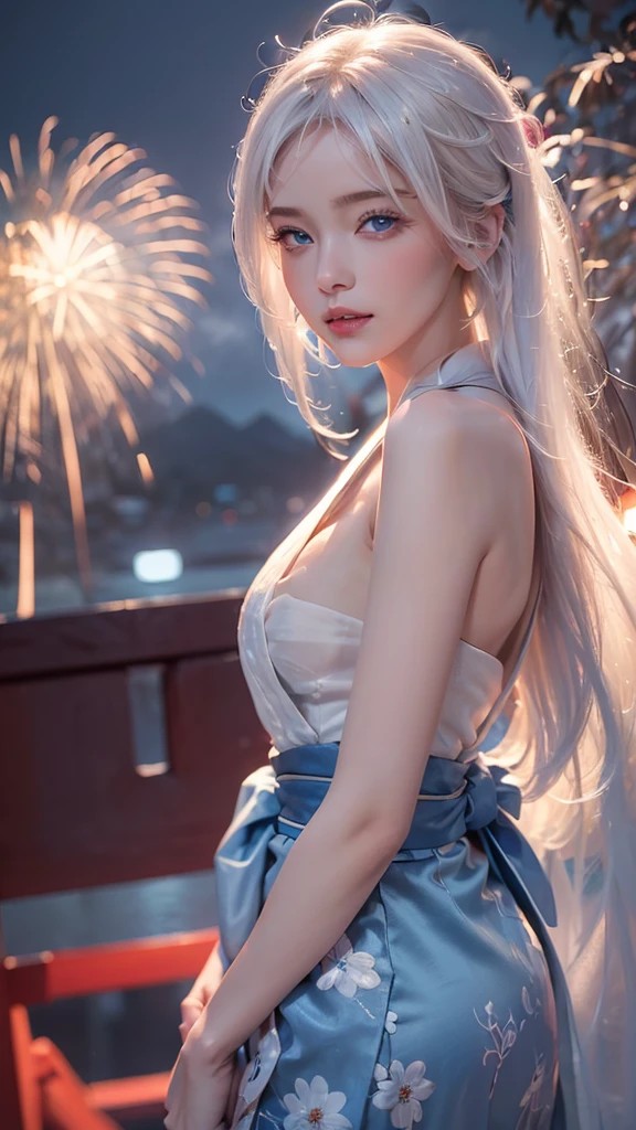((8k,Realistic,Beautiful single woman,White Gold Hair,Blue Eyes,Summer Nights in Japan,))Fantastic Fireworks at Miyajima,Traditional Japan yukata,The theme color is red,Angle from below
