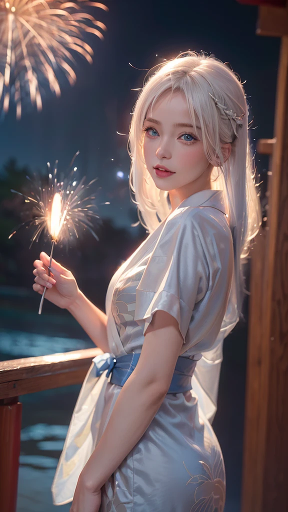 ((8k,Realistic,Beautiful single woman,White Gold Hair,Blue Eyes,Summer Nights in Japan,))Fantastic Fireworks at Miyajima,Traditional Japan yukata,The theme color is red,Angle from below
