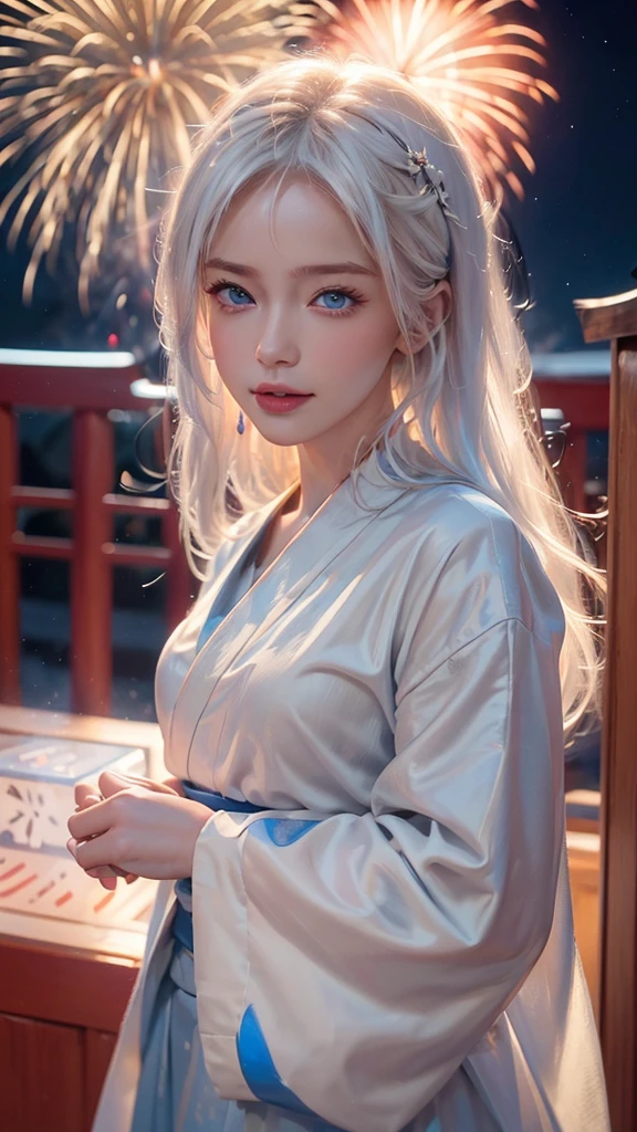 ((8k,Realistic,Beautiful single woman,White Gold Hair,Blue Eyes,Summer Nights in Japan,))Fantastic Fireworks at Miyajima,Traditional Japan yukata,The theme color is red,Angle from below