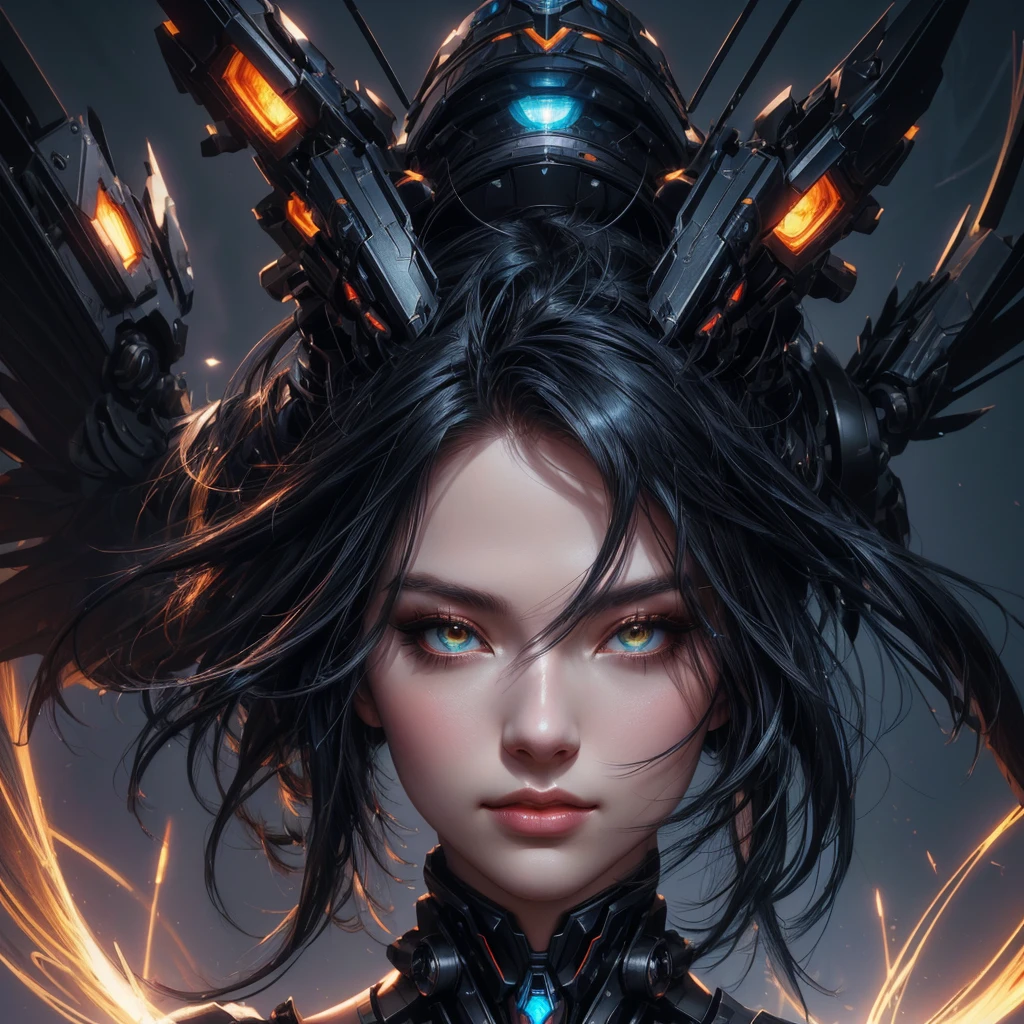 mecha raven style hairs, steel mechanical raven head with hairs, sci-fi, a close up of a woman - sci-FI with a sci fiorer on her face, Mechanical raven IN HAIRS, glowing light feathers in hairs, fiol glowing eyes, hd , cinematic, cinematic light, dinamic, rossdraws portrait, fantasy concept art portrait, wojtek fus, rossdraws 2. 0, rossdraws 1. 0, rossdraws digital painting, epic fantasy digital art style, cgsociety portrait, rossdraws global illumination, :: rossdraws, alexandra fomina artstation
