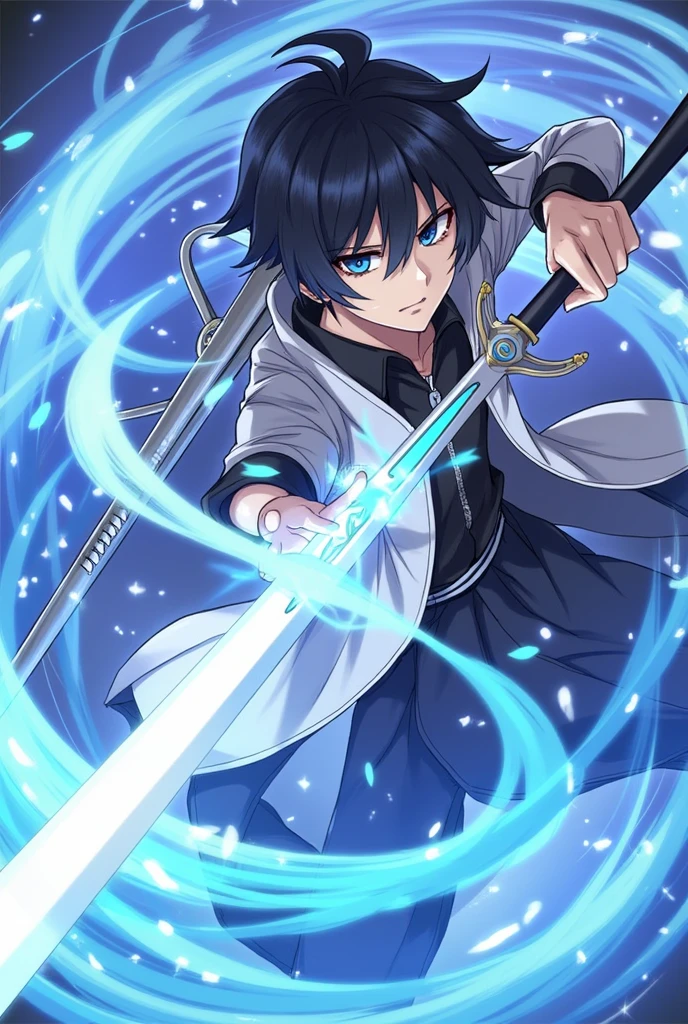 Perfect hand, Male character, dark hair, serious expression, wearing a light jacket with dark accents, holding a glowing sword with blue energy, another weapon strapped to his back, surrounded by swirling blue energy, dynamic pose, intense blue and white light effects in the background.
