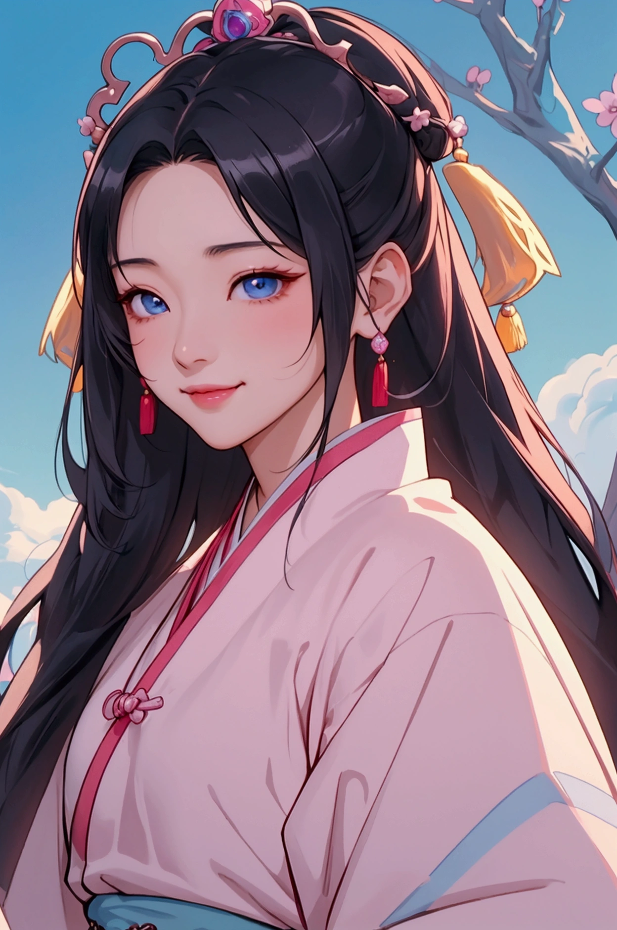 (Highest quality、 8k 、masterpiece、High resolution)、(Chinese Drama、Changgexing、Li Changge、Dililaba)、Tang Dynasty、Changan、1 Female、Beautiful young person、blue eyes、Pretty lips、Hairpin、gem、decoration、(Noble Princess)、(Anime Beauty)、(Anime Art)、Smiling and posing happily、Bright atmosphere、Light colored long hair、Light pink Hanfu、古いChanganの街並み、Official Art、Detailed CG、
