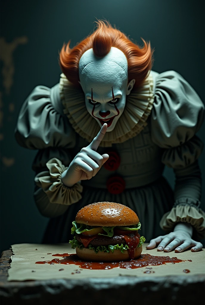 The character Pennywise is behind a table with a burger staring at him, in a dark and colorless place, with low contrast, leaving the clown and the hamburger very evident. Create a more realistic one Make the burger more obvious Put barbecue sauce on the burger The clown has his index finger stretched out in front of his mouth making a gesture of silence with his lips pursed,
The eyes are wide open. Move the clown closer to the burger and his body will be less visible.