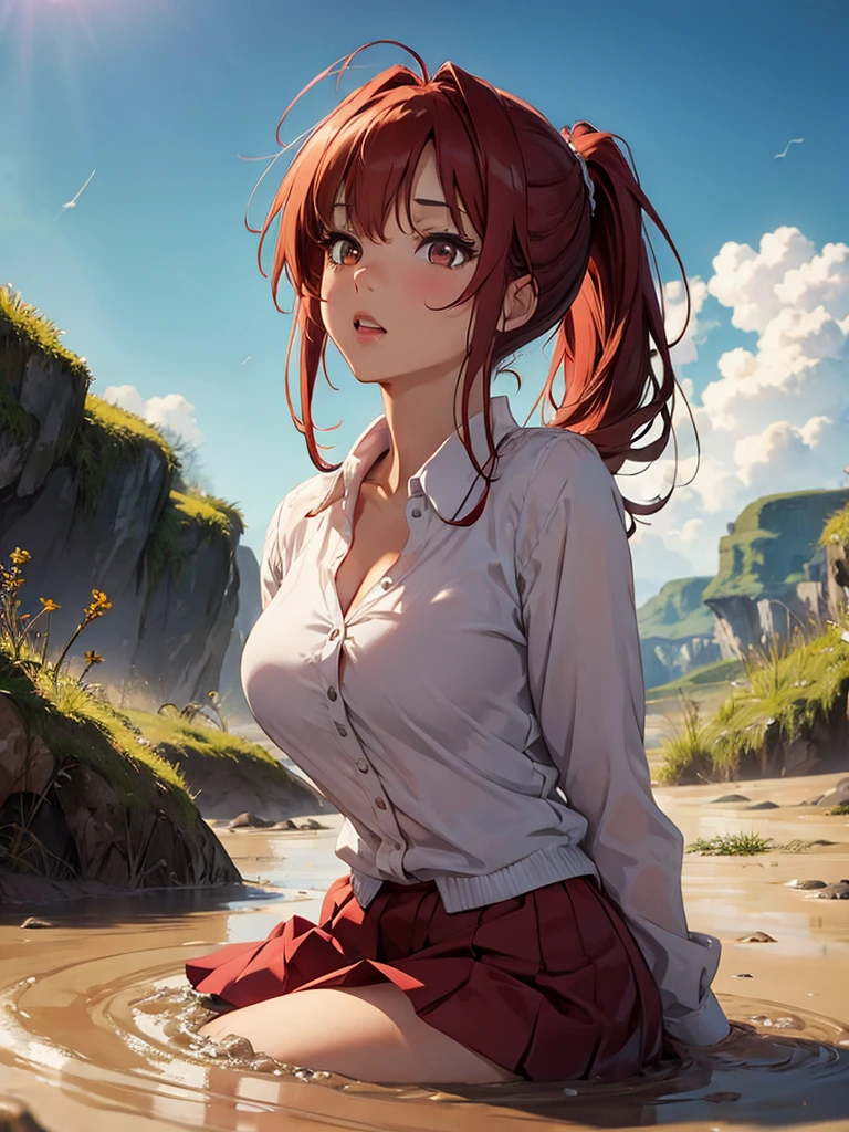 1girl, solo, masterpiece, best quality, high res, highly detailed, (illustration), beautiful detailed eyes, yuigahama yui, red hair ponytail, glossy lips, light makeup, orgasm, (looking up to the sky:1.5), intimate moment, school shirt, red skirt, cleavage, (quicksand:1.4), (from side:0), bog, swampy