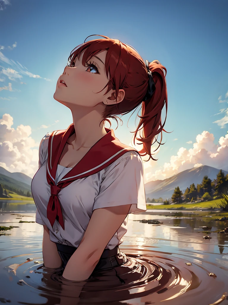 1girl, solo, masterpiece, best quality, high res, highly detailed, (illustration), beautiful detailed eyes, yuigahama yui, red hair ponytail, glossy lips, light makeup, orgasm, (looking up to the sky:1.5), intimate moment, school shirt, red skirt, cleavage, (quicksand:1.4), (from side:0), bog, swampy