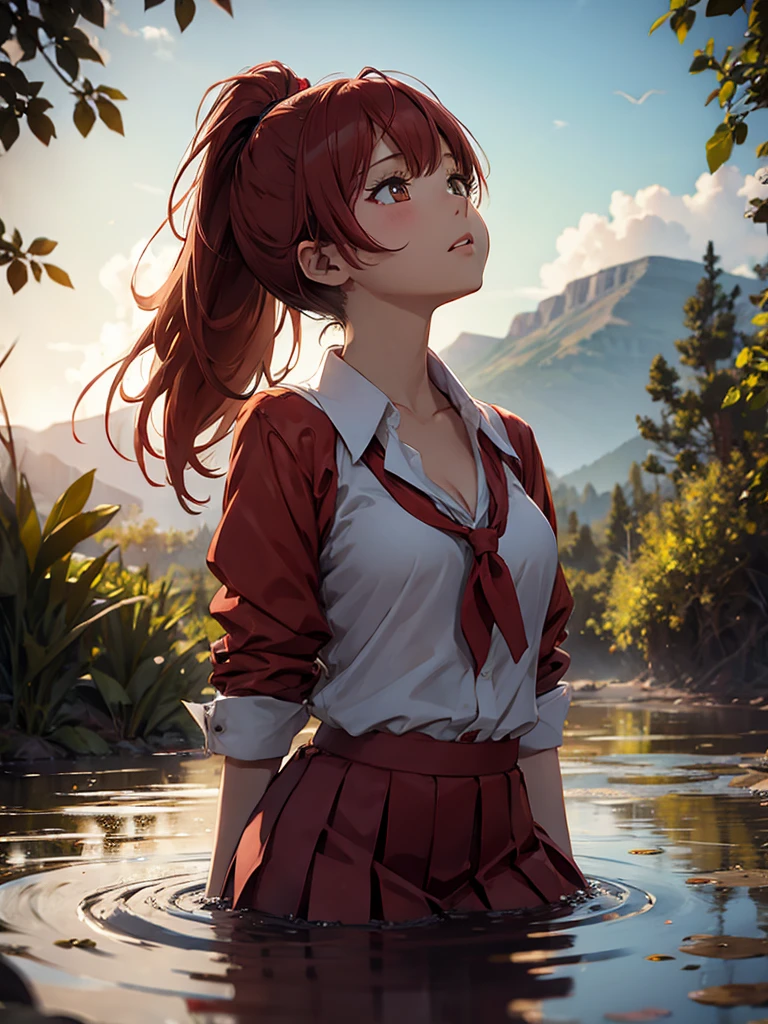 1girl, solo, masterpiece, best quality, high res, highly detailed, (illustration), beautiful detailed eyes, yuigahama yui, red hair ponytail, glossy lips, light makeup, orgasm, (looking up to the sky:1.5), intimate moment, school shirt, red skirt, cleavage, (quicksand:1.4), (from side:0), bog, swampy