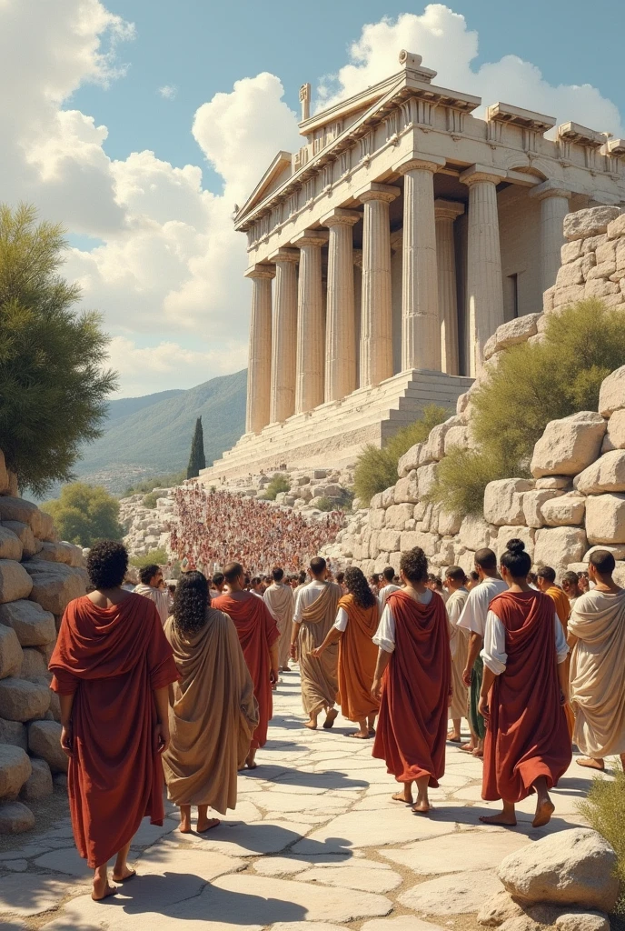 ANCIENT GREEK CITIZENS MARCHING FROM THE AGORA TO THE BASE OF THE ACROPOLIS OF ATHENS CLIMBING THE ACROPOLIS IN A FESTIVE MARCH SKETCH