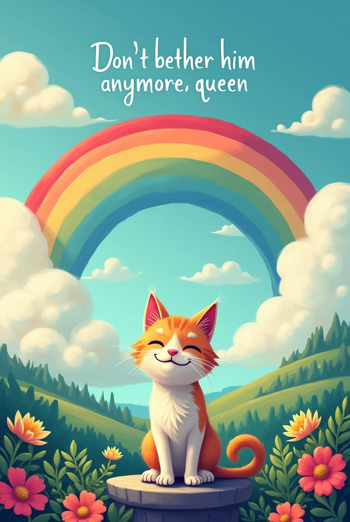 A wallpaper with a cat, a rainbow and a text that says" Don't bother him anymore, queen."