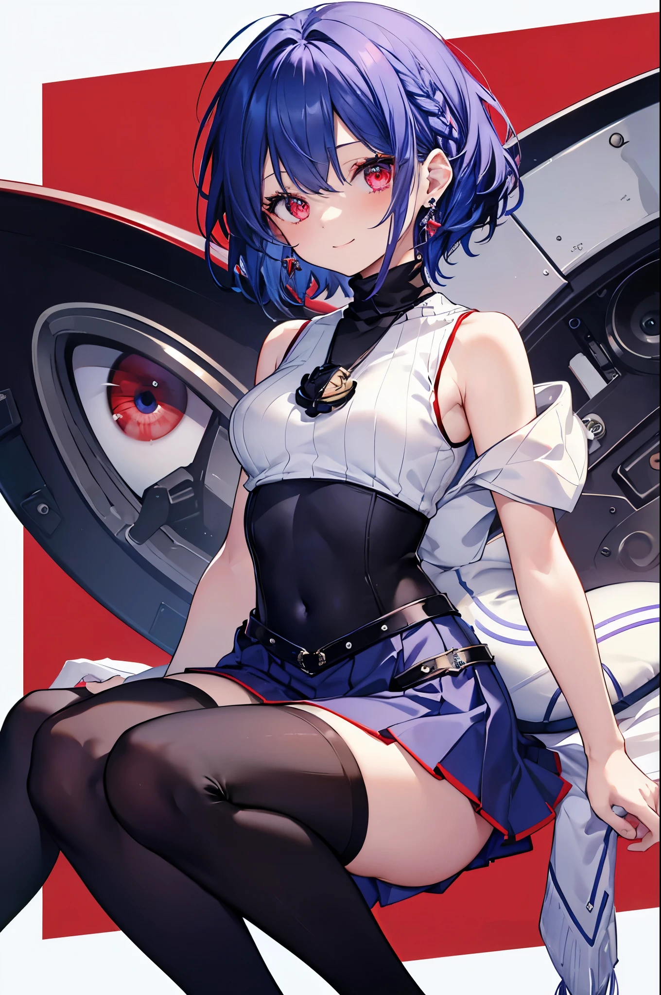{{masterpiece}}, The best quality of life, 、((short indigo hair、Deep blue hair)Braided Hair) 、 Cute female, 、One woman、(((Crimson Eyes、Red eyes、Red eyes)))、Expressionless adult woman、((White background))、small but well-shaped breasts,、(((White sleeveless turtleneck、Black tight mini skirt、Black knee-high socks)))、smile、smile、Small earrings