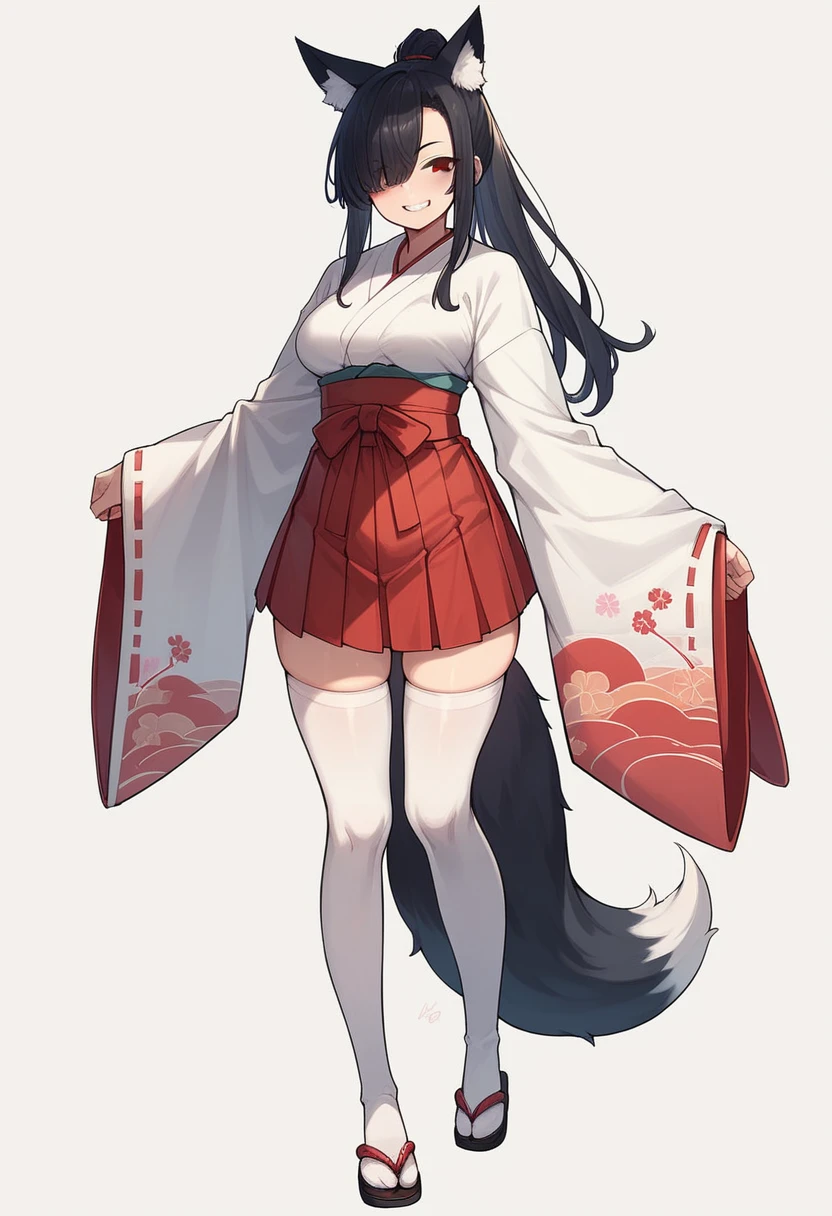 1girl, solo, long hair, , looking at viewer, blush, smile, skirt, simple background, black hair, thighhighs, long sleeves, white background, animal ears, standing, tail, full body, ponytail, japanese clothes, teeth, wide sleeves, kimono, hair over one eye, grin, black eyes, white thighhighs, animal ear fluff, fox ears, , fox tail, red skirt, sandals, fox girl, hakama, hakama skirt