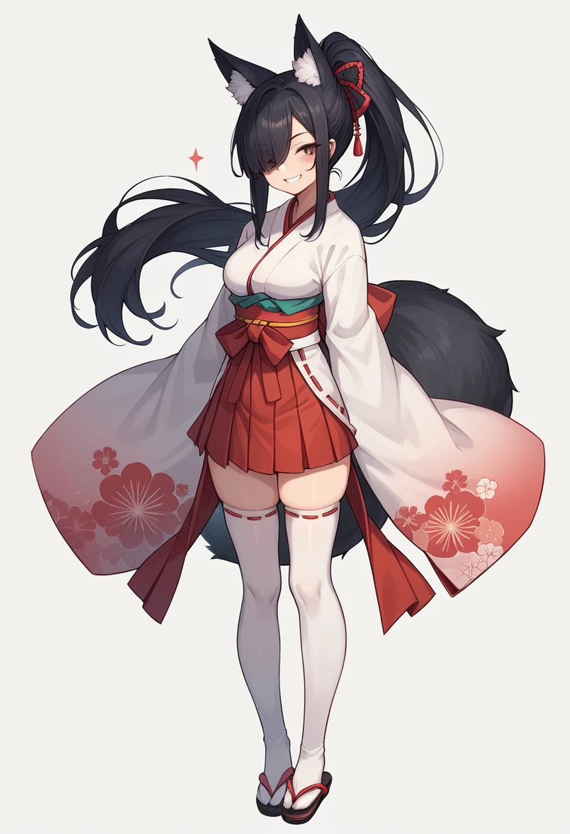 1girl, solo, long hair, breasts, looking at viewer, blush, smile, skirt, simple background, black hair, thighhighs, long sleeves, white background, animal ears, standing, tail, full body, ponytail, japanese clothes, teeth, wide sleeves, kimono, hair over one eye, grin, black eyes, white thighhighs, animal ear fluff, fox ears, skindentation, fox tail, red skirt, sandals, fox girl, hakama, hakama skirt