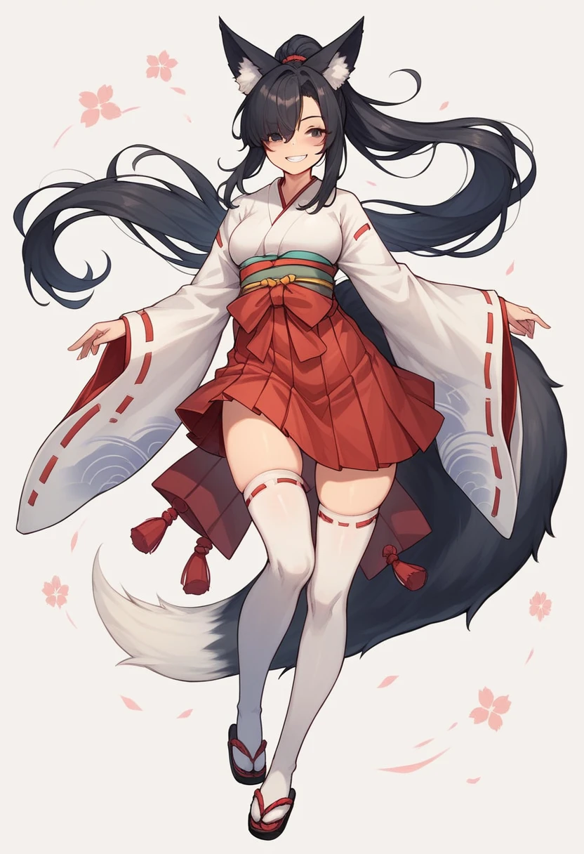 <lora:HellwanAnimePonyLoraXLV2Alpha_4167:1>,score_8_up, score_7_up, Hellwan, 1girl, solo, black skin, colored skin, monster girl, black fur, fangs, curvy, wide hips, long hair, spiked collar, medium breasts, wolf ears, wolf tail, black hair, red eyes, black sclera, animal hands, animal legs, animal paws,standing, miko, shrine, highly detailed background, outdoors,