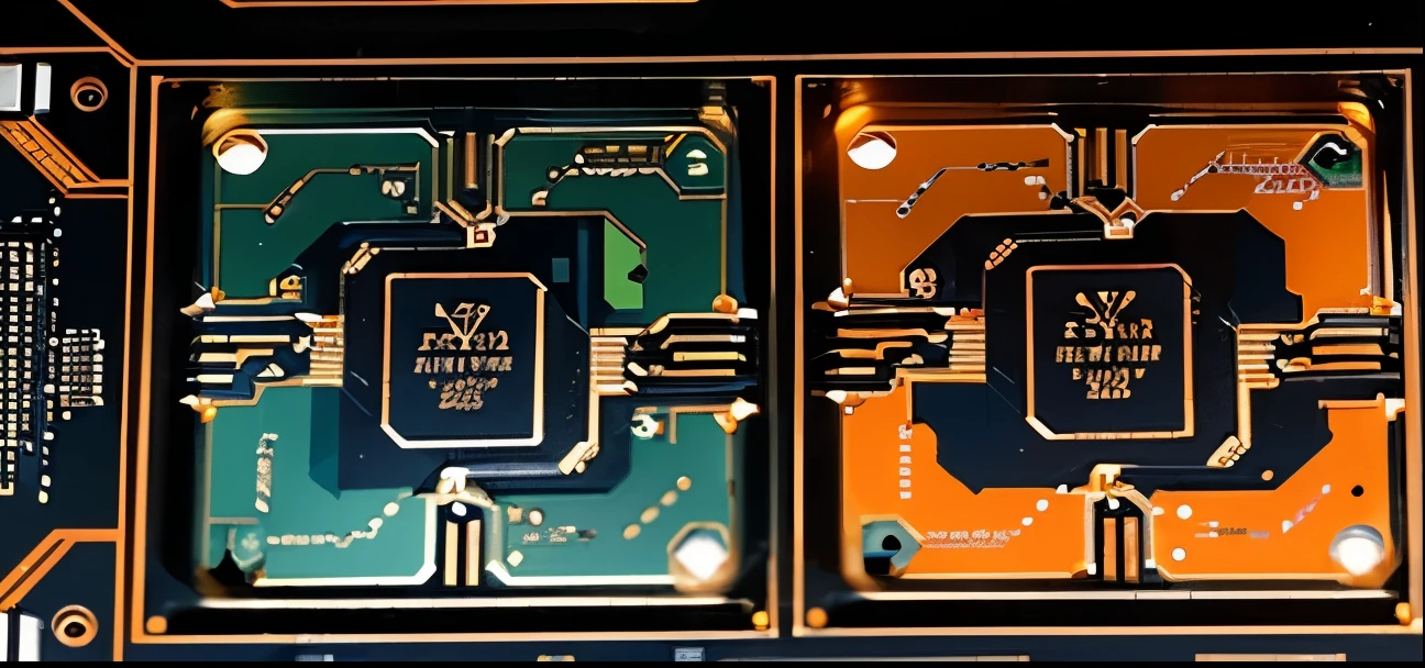 A high-end chip is embedded on the circuit board,The whole picture is full of technology,Color saturation,attractive,You can feel it is a high-tech product,The main color is cool orange,The color of the circuit board is also changed,Overall use of black and orange color scheme